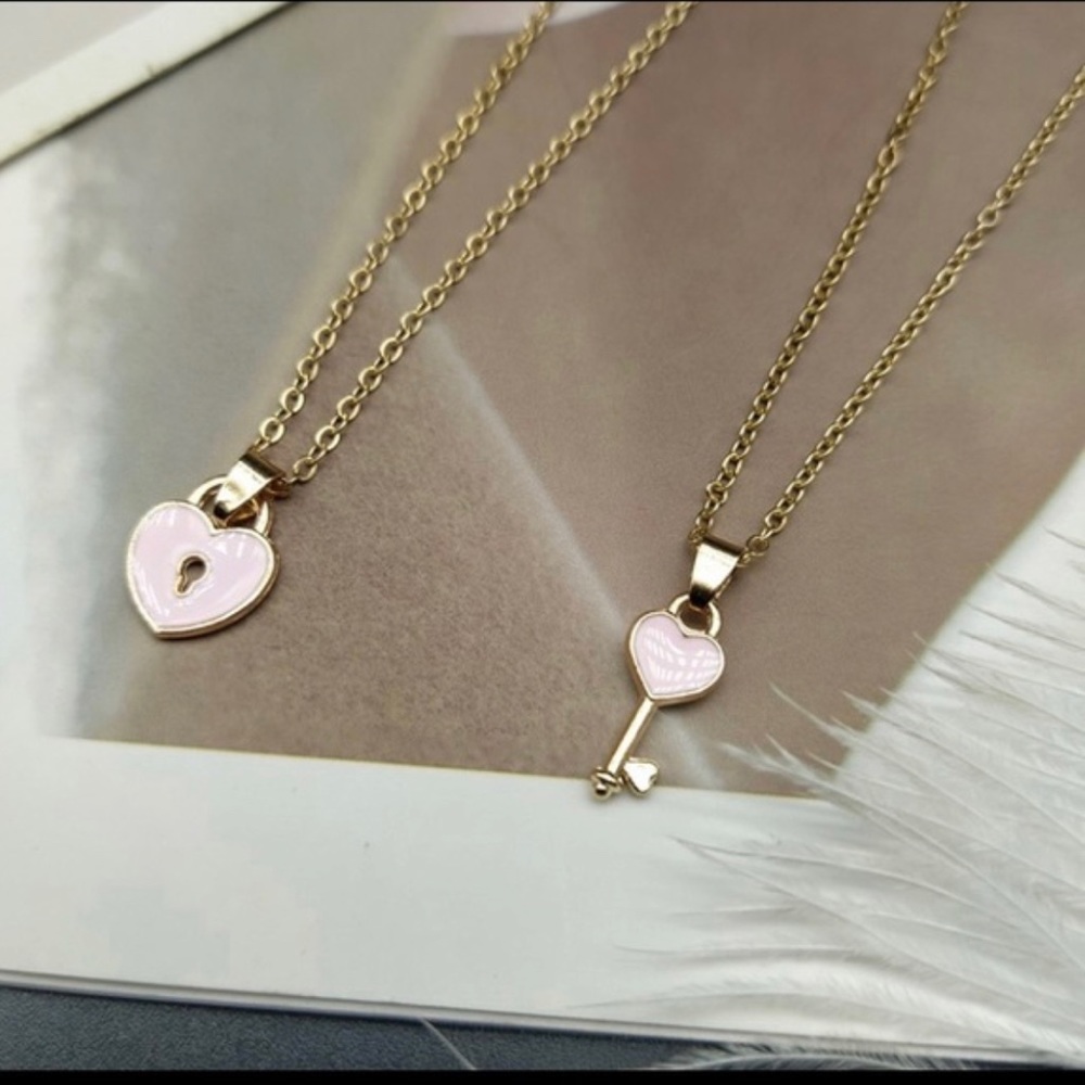 2 pcs Couple Necklace Key Lock Pendant (Pink, White or Black)